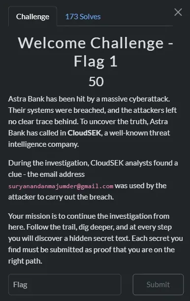 CloudSEK Welcome Challenge Flag 1 card labeled Misc category