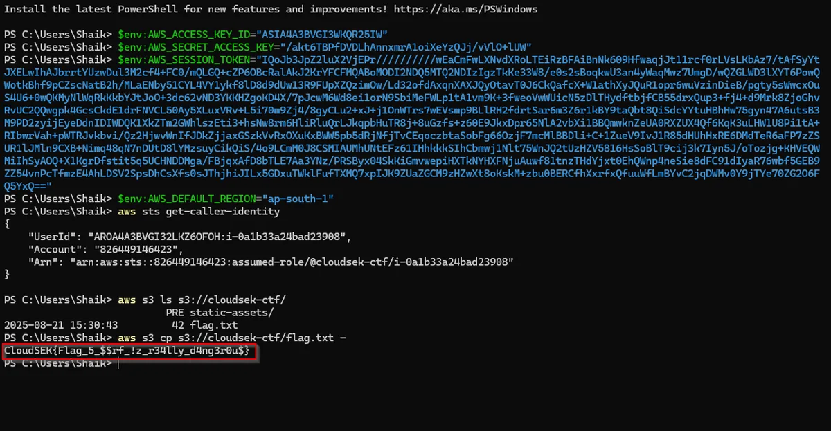 AWS CLI output reading s3://cloudsek-ctf/flag.txt containing Flag 5